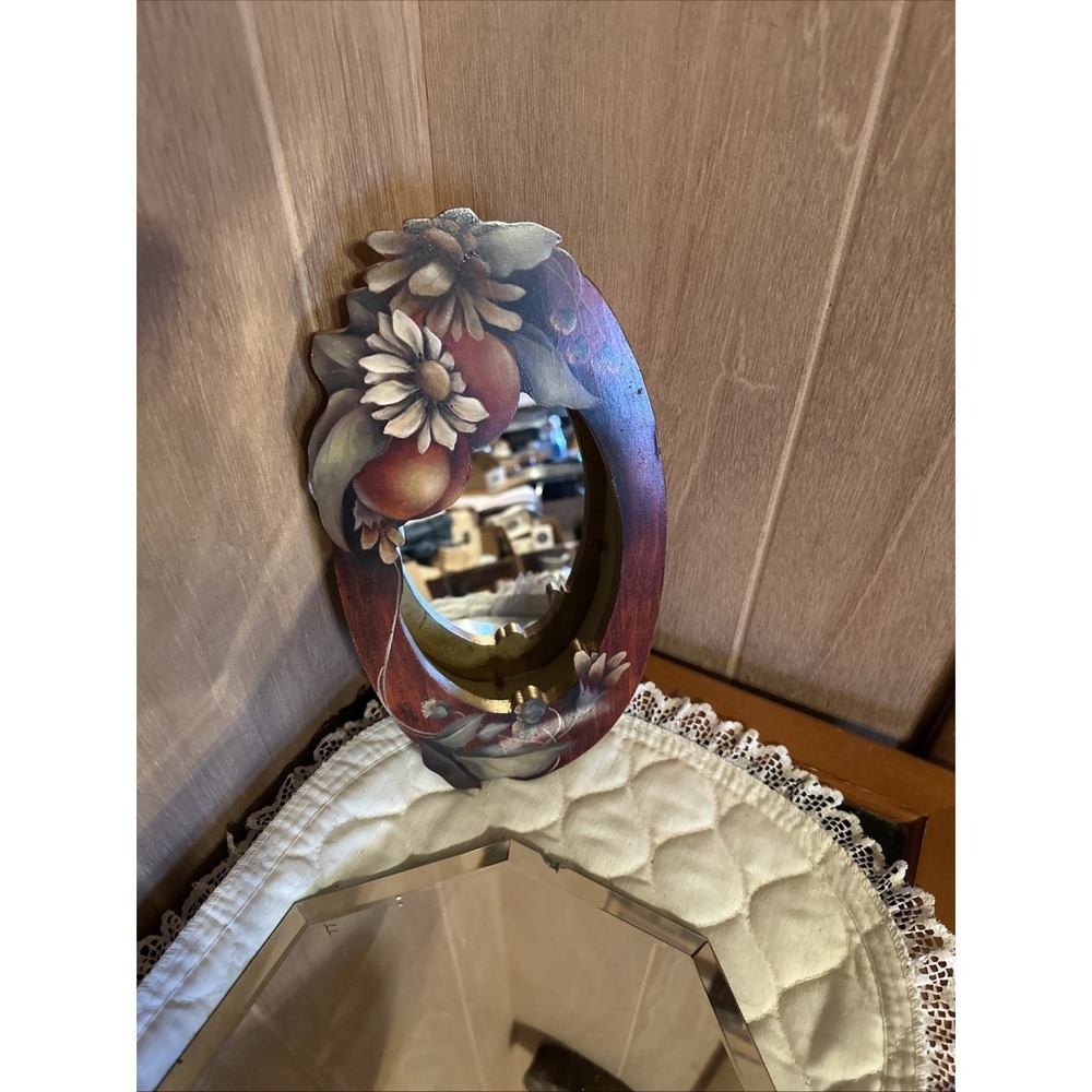 vintage wood shadow box with mirror Hand painted Flower‎ And Fruit Motif